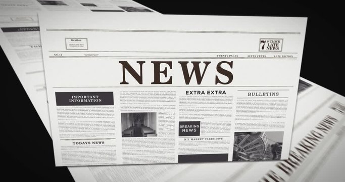 NEWS headline on newspaper in front of press - Animation on black