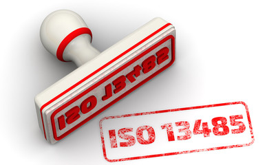 ISO 13485. The seal. One white seal and red imprint with text ISO 13485 (Medical devices. Quality management systems. Requirements for regulatory purposes). 3D illustration