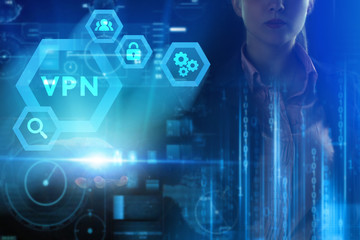 Business, Technology, Internet and network concept. Young businessman working on a virtual screen of the future and sees the inscription: VPN