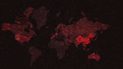 World Map of Infect Coronavirus COVID-19. 3d render of coronavirus particles in human blood