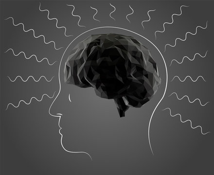Brains with Brain Waves in Black and White. Dark Low Poly Vector Greyscale Silhouette 3D Rendering