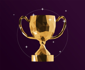 Gold Trophy Cup on Purple Background. Shiny Metallic Golden Low Poly Vector 3D Rendering