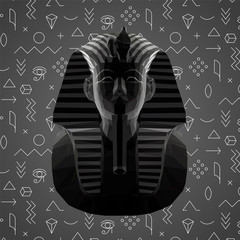Tutankhamun Burial Mask in Black and White. Dark Low Poly Vector Greyscale Silhouette 3D Rendering