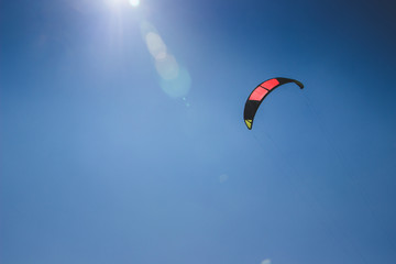 A kite flyinging with a beautiful blue sky behind it  