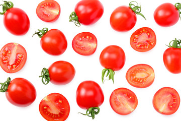 fresh tomato with slices isolated on white background. top view