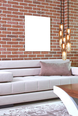 red brick wall and gray luxury sofa. interior design for office home