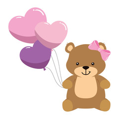Obraz na płótnie Canvas teddy bear female with balloons helium in heart shape vector illustration design