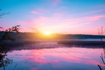 Fotobehang Sunrise over the lake in early spring. Serene lake in the morning. Nature landscape © vvvita