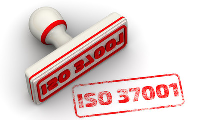 ISO 37001. The seal. One white seal and red imprint with text ISO 37001 (ANTI-BRIBERY MANAGEMENT SYSTEMS). 3D illustration