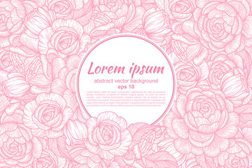 Card with flowers of roses. Floral pattern and place for text insertion. Greeting card or wedding invitation. vector illustration.