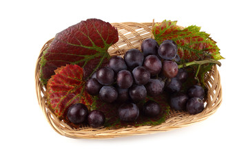 Grape and autumn leaves on tray