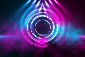 Dark abstract futuristic background. The geometric shape of the cyber circle in the middle of the...