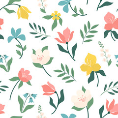 Motif floral scandinave lumineux sans couture. Idéal pour le tissu, le textile. Illustration vectorielle.