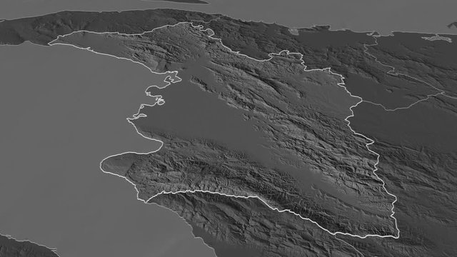 L'Artibonite, department with its capital, zoomed and extruded on the bilevel map of Haiti in the conformal Stereographic projection. Animation 3D