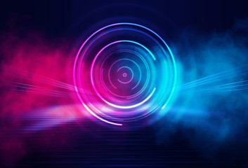 Dark abstract futuristic background. The geometric shape of the cyber circle in the middle of the scene. Neon blue-pink rays of light on a dark background