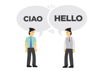 Two businessmen communicate in different languages. Concept of international business or corporate collaboration. English and Italian.