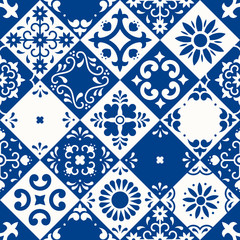 Mexican talavera seamless pattern. Ceramic tiles with flower, leaves and bird ornaments in traditional majolica style from Puebla. Mexico floral mosaic in classic blue and white. Folk art design. - 324574128