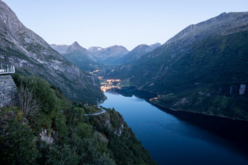 view down to fjord Geiranger and evening