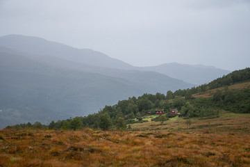 small houses up on hill in Norway
