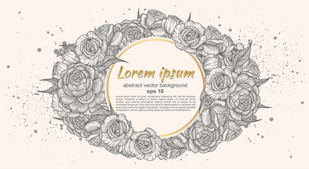 Card with flowers of roses. Floral pattern and place for text insertion. Greeting card or wedding invitation. vector illustration.