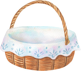 Empty Wicker basket with cloth.Watercolor illustration.Isolated image on white