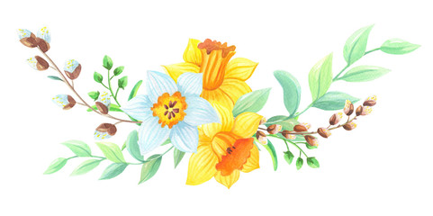 Watercolor Easter bouquet of daffodils, willow, green twigs.Spring flower arrangement with yellow and white narcissus