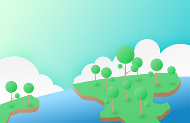 Nature and environment conservation concept background in minimalism style. A tree growing on earth with the sea and sky background. Vector illustration. digital craft paper art. poster, banner.