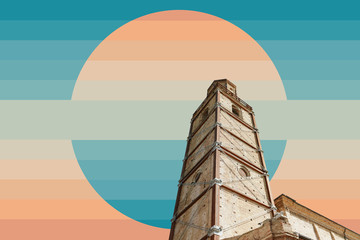 Beautiful abstract surreal geometric building landscape collage concept, contemporary colors and...