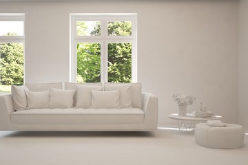 Mock up of stylish room in white color with sofa. Scandinavian interior design. 3D illustration