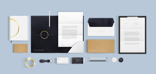 Premium corporate identity mockup set. Business stationery realistic design template. Brown and black color branding with folder, blank, brochure and visiting card. Minimal style vector logo.