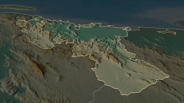 Nord, department with its capital, zoomed and extruded on the relief map of Haiti in the conformal Stereographic projection. Animation 3D