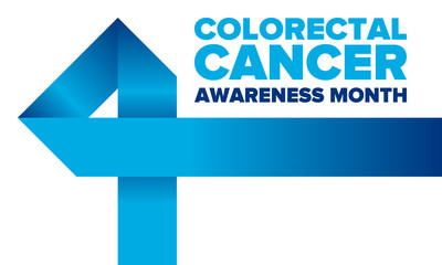 Colorectal Cancer Awareness Month. Celebrate annual in March. Control and protection. Prevention campaign. Medical health care concept. Poster with blue ribbon. Banner, background. Vector illustration