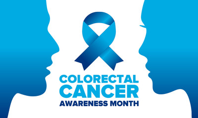 Colorectal Cancer Awareness Month. Celebrate annual in March. Control and protection. Prevention campaign. Medical health care concept. Poster with blue ribbon. Banner, background. Vector illustration