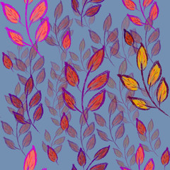 seamless pattern with multicolored leaves on blue background. Autumn leaves and branches pattern. fashion print. Hand drawing. Packaging, wallpaper, textil, fabric design