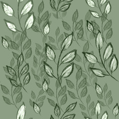 seamless pattern with leaves and branches on green background. Hand drawing. Print, packaging, wallpaper, textile, fabric design