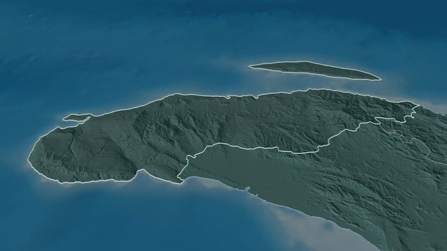 Nord-Ouest, department with its capital, zoomed and extruded on the administrative map of Haiti in the conformal Stereographic projection. Animation 3D