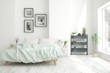 Stylish bedroom in white color. Scandinavian interior design. 3D illustration