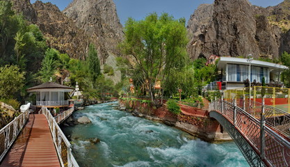 Fototapeta na wymiar Tajikistan, Darvaz historical region. The fabulous architecture of the recreation Center 