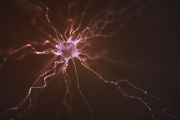 Conceptual image of a neuron energized with electric charge. Concept of science and research of the human brain.