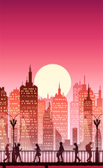Obraz premium Downtown city wallpaper in the morning and evening landscape wallpaper Illustration vector style Sunlight colorful view background