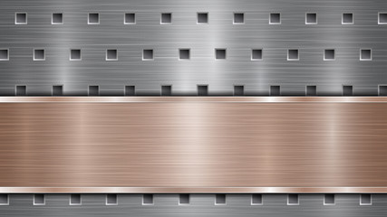 Background of silver perforated metallic surface with holes and horizontal bronze polished plate with a metal texture, glares and shiny edges