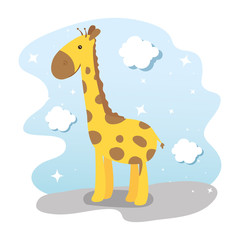 cute giraffe with clouds decoration vector illustration design