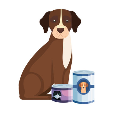 cute dog with food for animals in can isolated icons vector illustration design