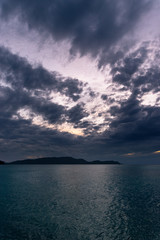 Sunrise over seychelles islands. Dark and purple sky