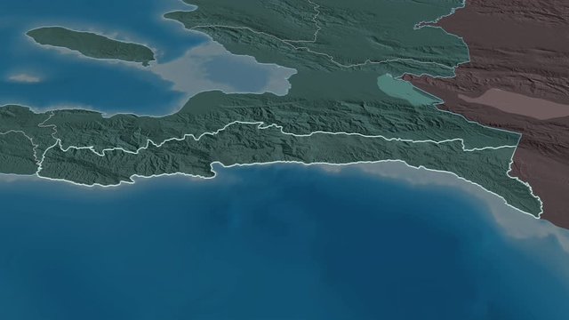 Sud-Est, department with its capital, zoomed and extruded on the administrative map of Haiti in the conformal Stereographic projection. Animation 3D