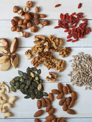 Different types of nuts, seeds, goji, divided in groups