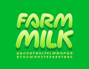 Vector stylish logo Farm Milk with Green Alphabet Letters and Numbers. Bright Handwritten 3D Font.