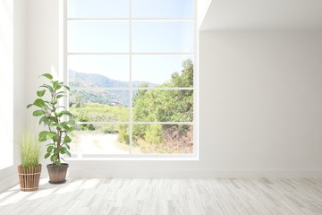 Stylish empty room in white color with summer landscape in window. Scandinavian interior design. 3D illustration