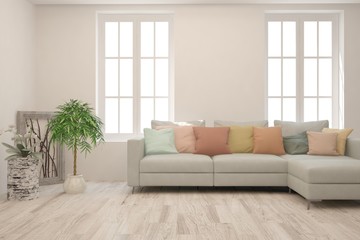 Stylish room in white color with sofa. Scandinavian interior design. 3D illustration