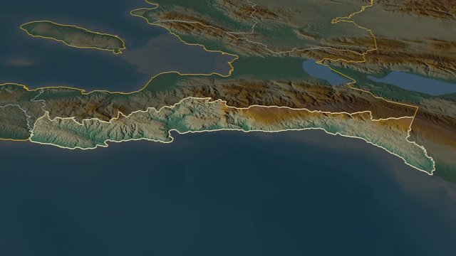 Sud-Est, department with its capital, zoomed and extruded on the relief map of Haiti in the conformal Stereographic projection. Animation 3D